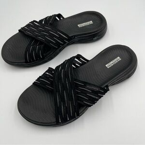 Skechers Sandals Women 8 Black Goga Mat Go Walk Gen5 Strappy Stretch Beach Comfy